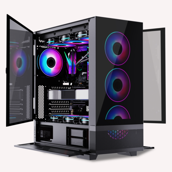 Chassis:SPCC 0.8mm Black Matt PSU Form Factor:PS/2, bottom mount M/B Form Factor:EATX/ATX/M-ATX/ITX Front Panel:ABS+Mesh or glass Side Panel Left:Tempered glass Right Panel:Flat Metal 3.5"HDD*2 2.5"SSD*4 I/O PORT:USB3.0*1 USB2.0*2 Mic*1 Audio*1 FAN Controller via Reset button(Option) Cooling Fan (Option) Front:120mm*3 or 140mm*2 fan or 240mm Radiator Top:120mm*2 or 140mm*2 Rear:120mm*1 or 120mm Radiator Power box:120mm*3 Dust Cover:Magnetic Dust filter on the top(Option) PVC dust filter on the bottom(Option) Slots:7+2 Cable Length:650mm(PW, RESET, HD Audio) Carton & Logo:K=A+EPS Dimension Chassis:(L)415mm*(W)225mm*(H)470mm Products size:(L)460mm*(W)225mm*(H)490mm VGA Card Length :Max. 400mm CPU Cooler HeightMax. 175mm